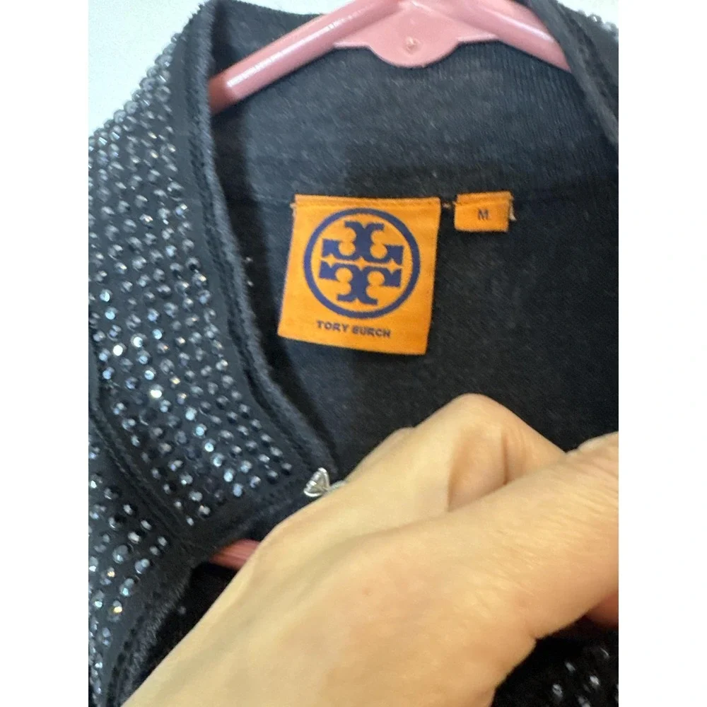Tory Burch Tunic Sweater Womens Medium Gray Merino Wool Rhinestone V Neck Knit